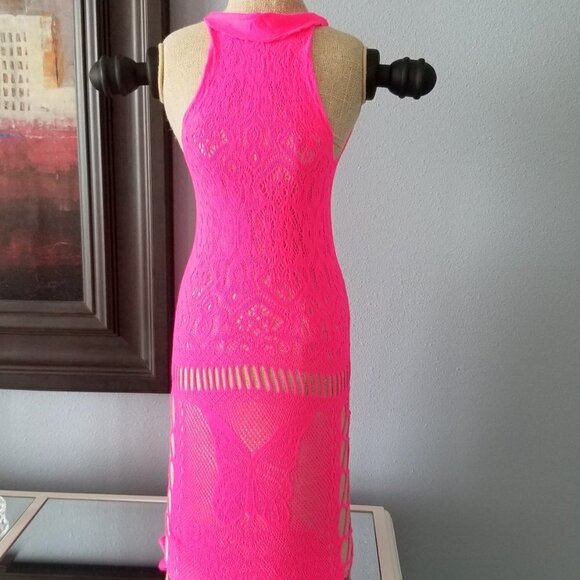 Lace Lingerie Hot Pink Bodycon Sheer Stretch Elastic Form Fitting Paint - Picture 7 of 10